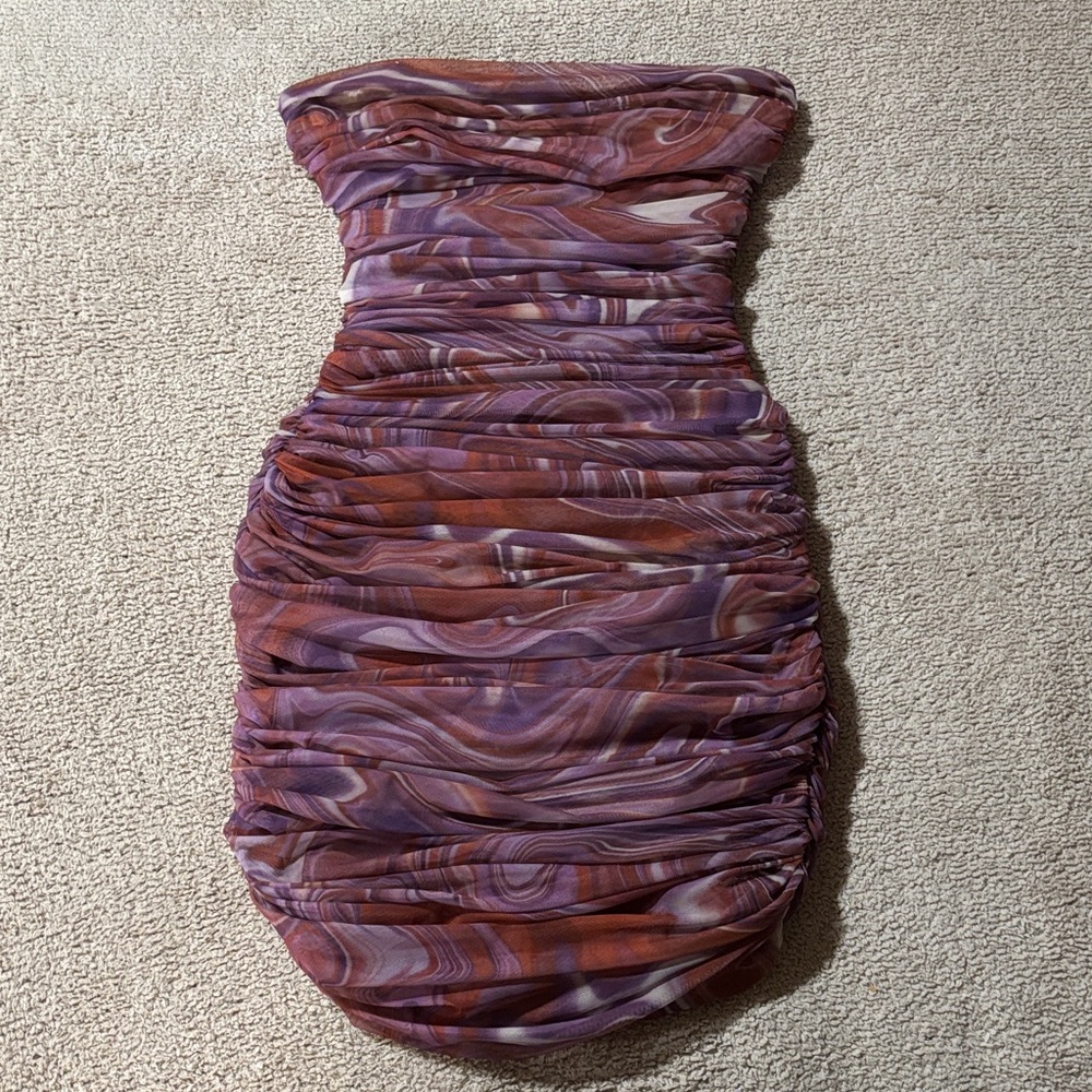 House of CB Purple and Rust Ruched Strapless Mini Dress
